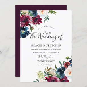 Navy & Burgundy Elegant Floral Watercolor Wedding Invitation