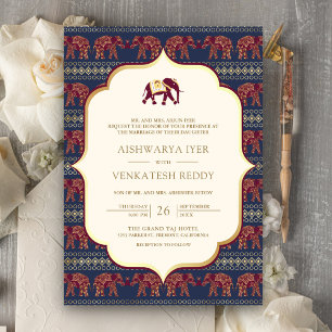 Navy Burgundy Elephant All in One Indian Wedding Invitation