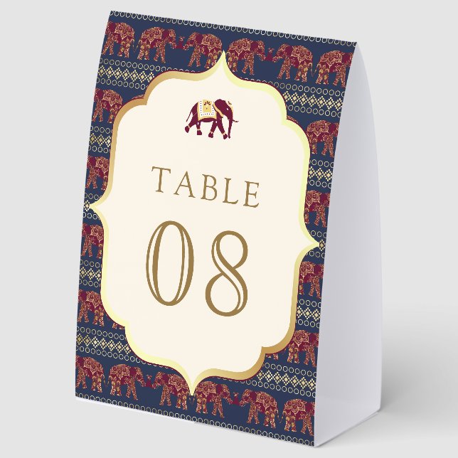Navy Burgundy Elephant Indian Wedding Table Number (Front)