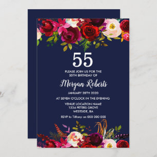 Navy Burgundy Floral 55TH Birthday Party Invite