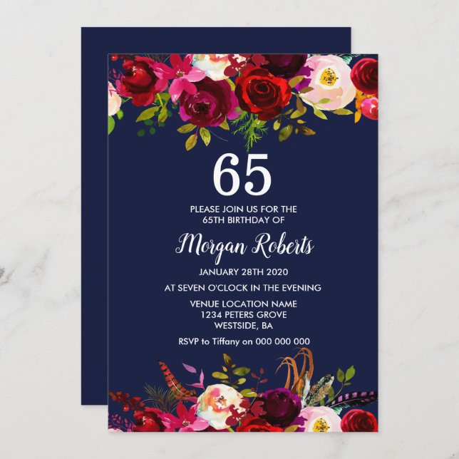 Navy Burgundy Floral 65TH Birthday Party Invite (Front/Back)