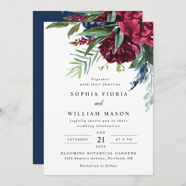 Navy Burgundy Floral All In One Wedding Invitation (Front/Back)