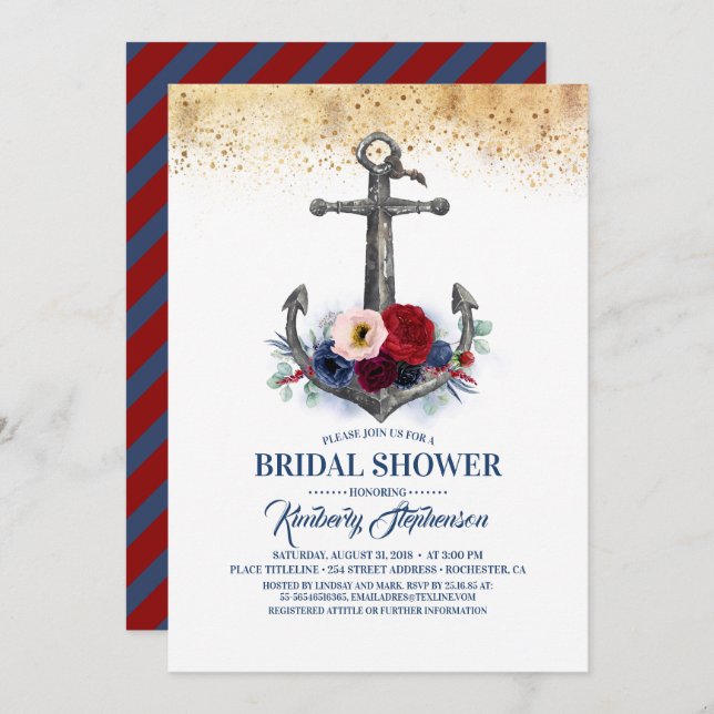 Navy Burgundy Floral Anchor Nautical Bridal Shower Invitation (Front/Back)
