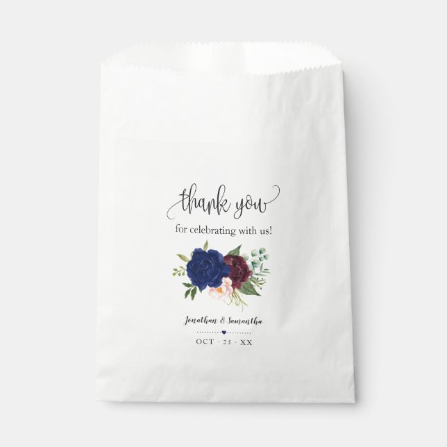 Navy burgundy floral boho chic party wedding favour bag (Front)