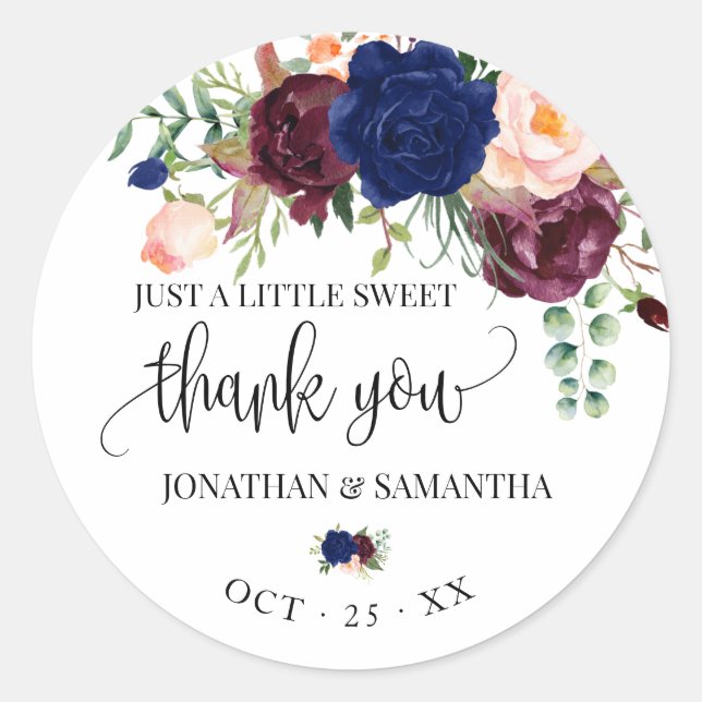 Navy burgundy floral boho chic wedding thank you classic round sticker (Front)