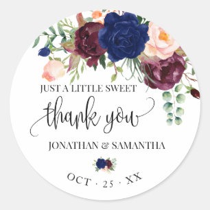 Navy burgundy floral boho chic wedding thank you classic round sticker