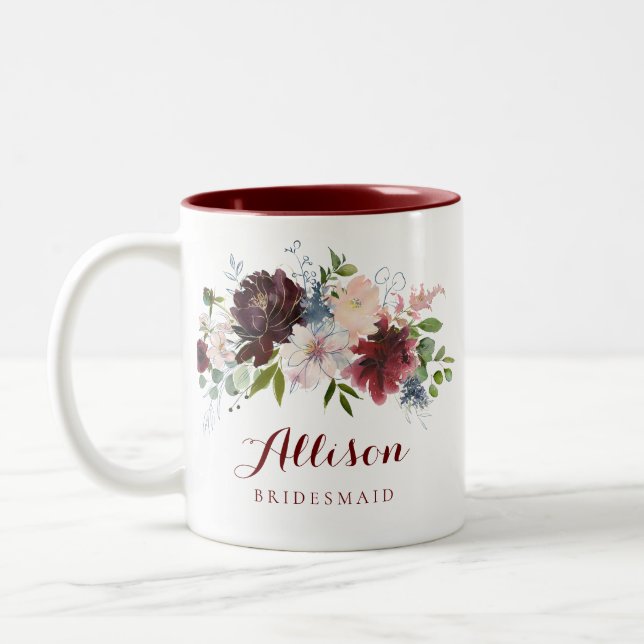 Navy Burgundy Floral Bridesmaid Gift Two-Tone Coffee Mug (Left)