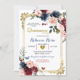 Navy Burgundy Floral Butterfly Quinceañera Invitation