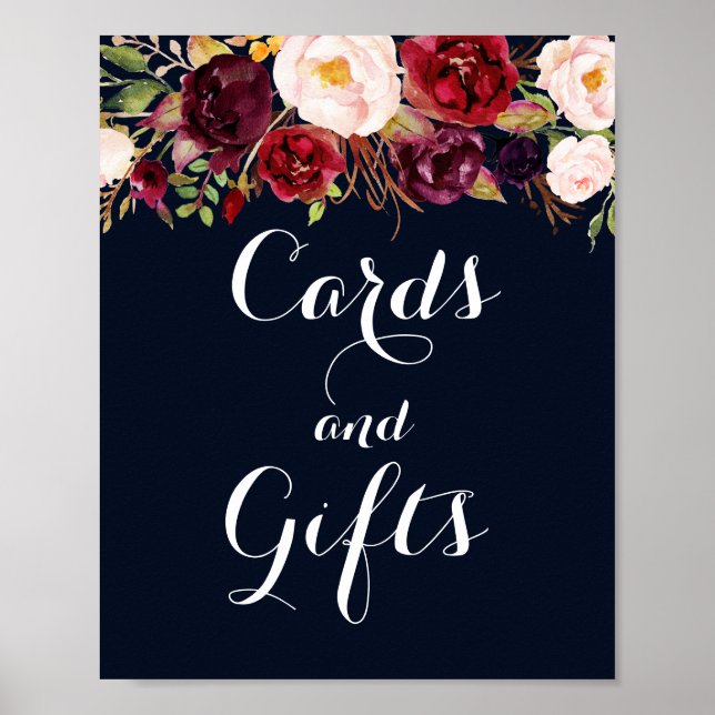 Navy Burgundy Floral Cards And Gifts Wedding Poster (Front)
