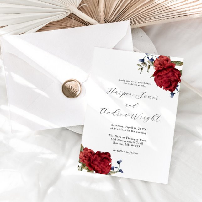 Navy Burgundy Floral Garden Wedding Invitation (Creator Uploaded)