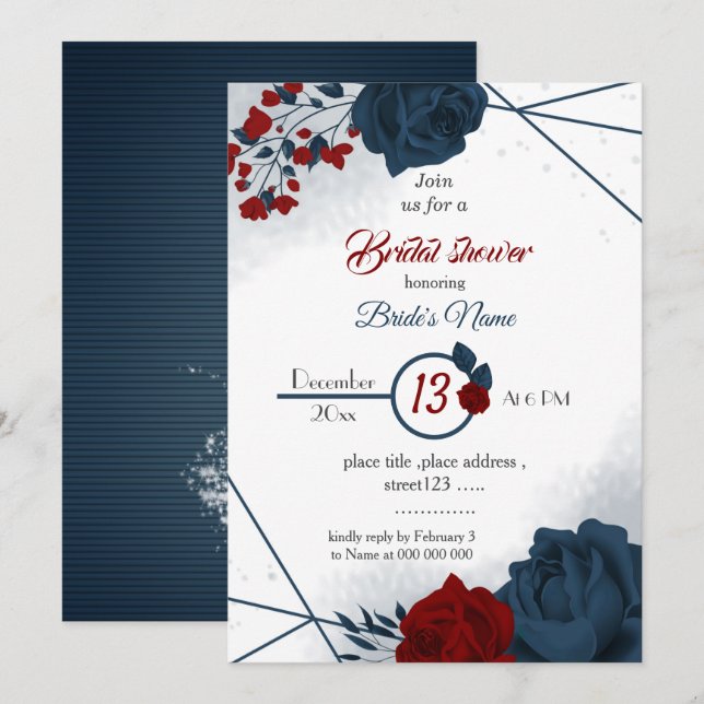 navy & burgundy floral geometric bridal shower  invitation (Front/Back)