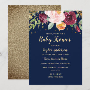 Navy Burgundy Floral Glitter Baby Shower Invitation