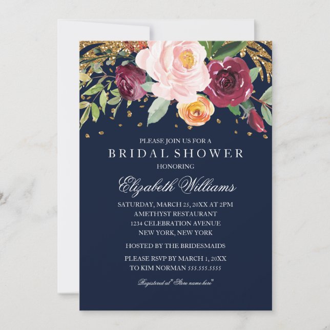Navy Burgundy Floral Glitter Bridal Shower Invitation (Front)