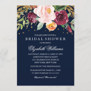 Navy Burgundy Floral Glitter Bridal Shower Invitation