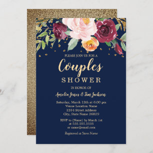 Navy Burgundy Floral Glitter Couples Shower Invitation