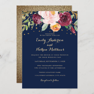 Navy Burgundy Floral Glitter Wedding Invitation