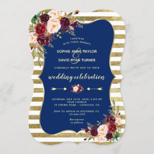 Navy Burgundy Floral Gold Glitter Stripes Wedding Invitation