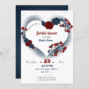 navy & burgundy floral heart bridal shower invitation