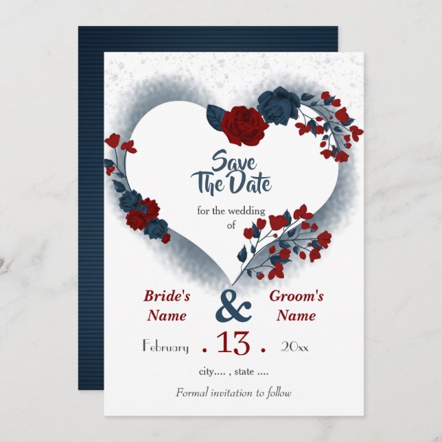 Navy & burgundy floral heart save the date (Front/Back)