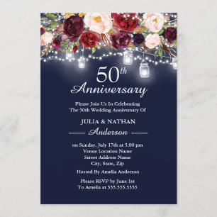 Navy Burgundy Floral Lights 50th Anniversary Invitation