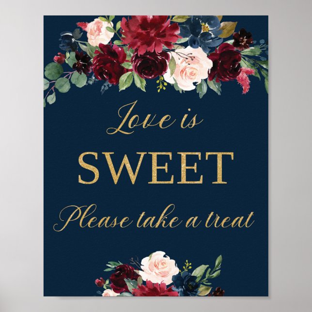 Navy burgundy floral love is sweet wedding sign (Front)