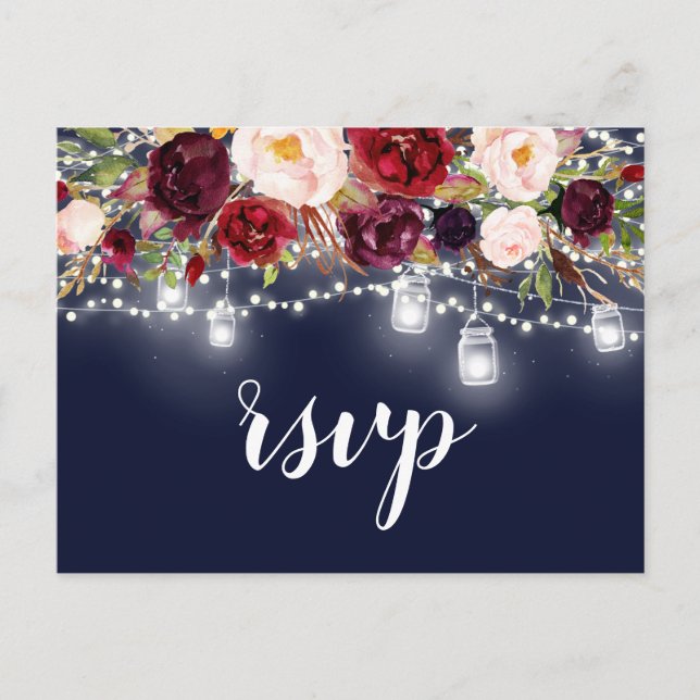 Navy Burgundy Floral Mason Jar String Lights RSVP Invitation Postcard (Front)
