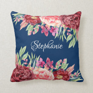 Navy Burgundy Floral Name Monogram Cushion