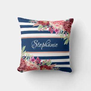 Navy Burgundy Floral Stripes Name Monogram Cushion
