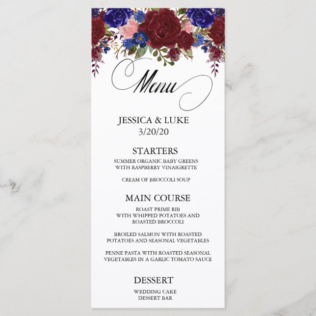 Navy Burgundy Floral Wedding Calligraphy Menu (Front)