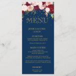 Navy Burgundy Floral Wedding Gold Confetti Menu<br><div class="desc">This watercolor navy and burgundy floral wedding design can be personalised with your information. It may be further customised by choosing the click to customise further option. You may change the text colour and style, some backgrounds and delete some images. Please see my collections for more in this wedding suite....</div>