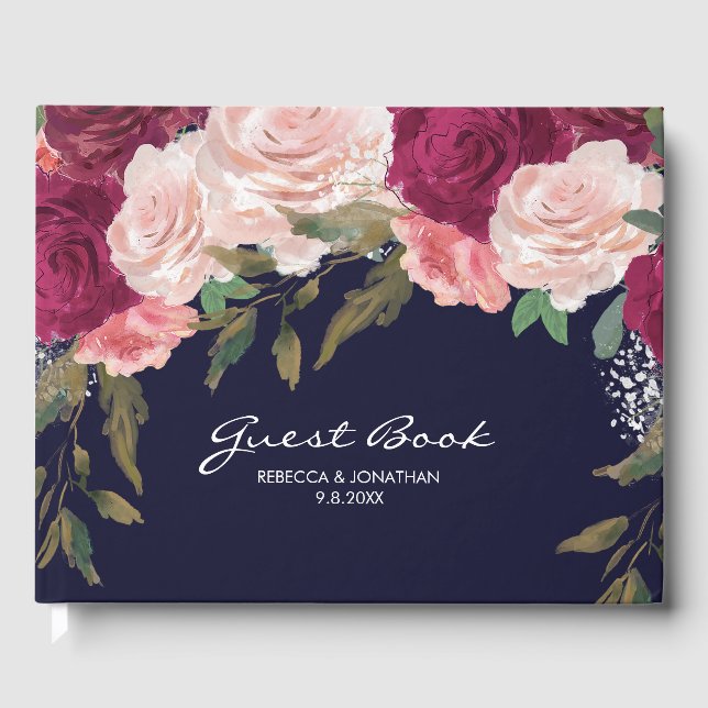 navy burgundy floral wedding guest book elegant (Front)