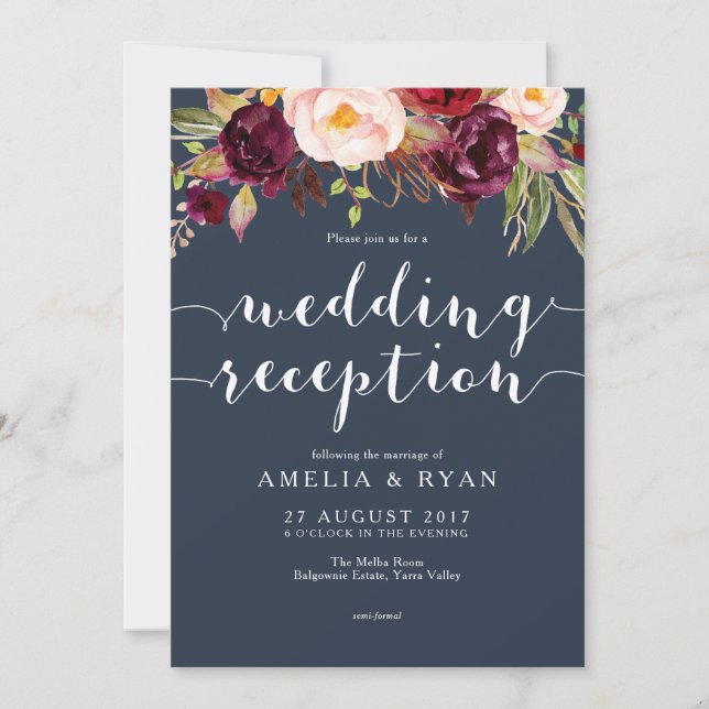 Navy Burgundy Floral Wedding Reception Invitation (Front)