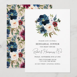 Navy Burgundy Floral Wedding Rehearsal Dinner Invitation