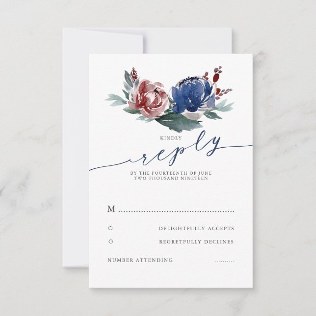 Navy Burgundy Floral Wedding RSVP Card (Front)