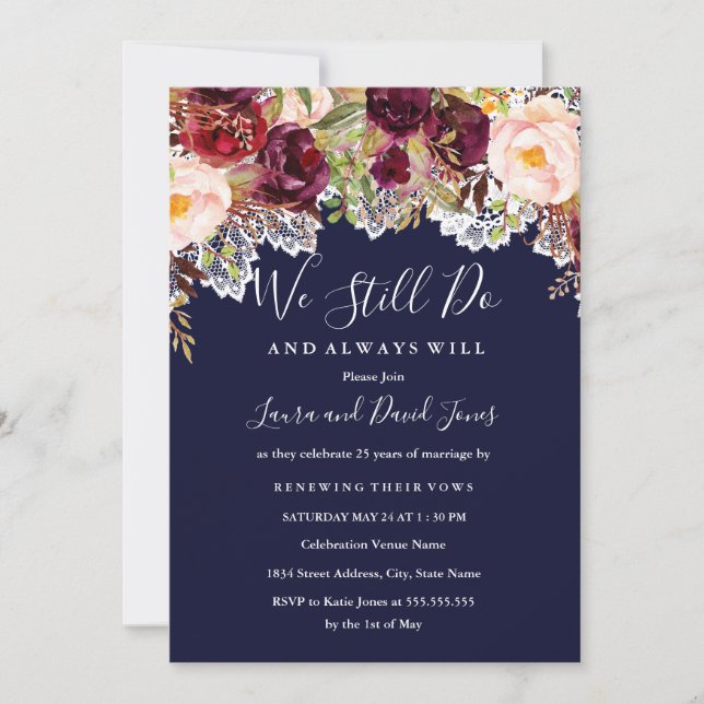Navy Burgundy Floral Wedding Vow Renewal Invitation (Front)