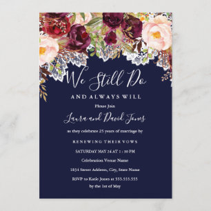 Navy Burgundy Floral Wedding Vow Renewal Invitation