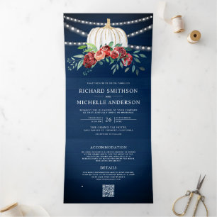 Navy Burgundy Floral White Pumpkin QR Code Wedding Tri-Fold Invitation