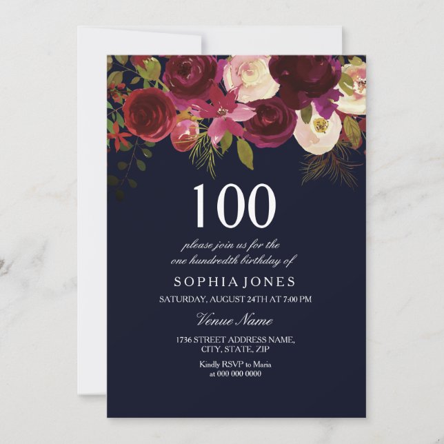 Navy & Burgundy Flower 100th Birthday Party Invite (Front)