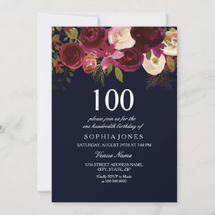 Navy & Burgundy Flower 100th Birthday Party Invite