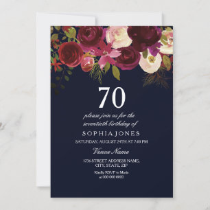 Navy & Burgundy Flowers 70th Birthday Party Invite