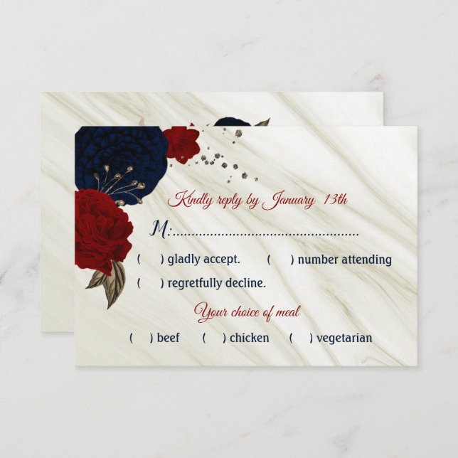 navy & burgundy flowers meal choice RSVP card (Front/Back)