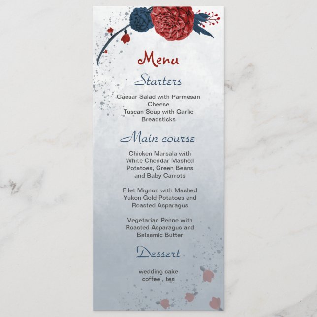 navy & burgundy flowers wedding menu (Front)