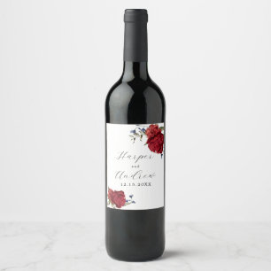 Navy Burgundy Flowers Wedding Wine Label