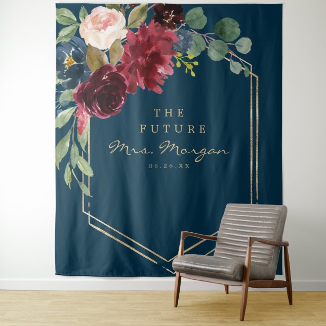 Navy Burgundy Future Mrs Bridal Shower Backdrop Tapestry (In Situ)