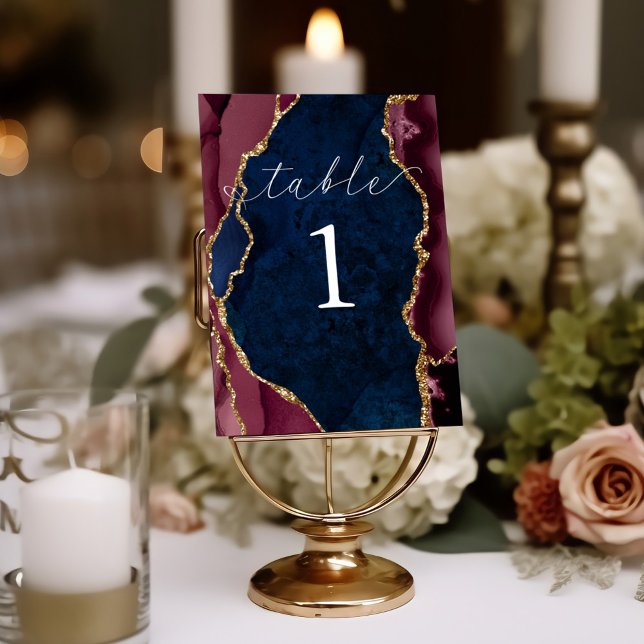 Navy, Burgundy & Gold Agate Table Card (Creator Uploaded)