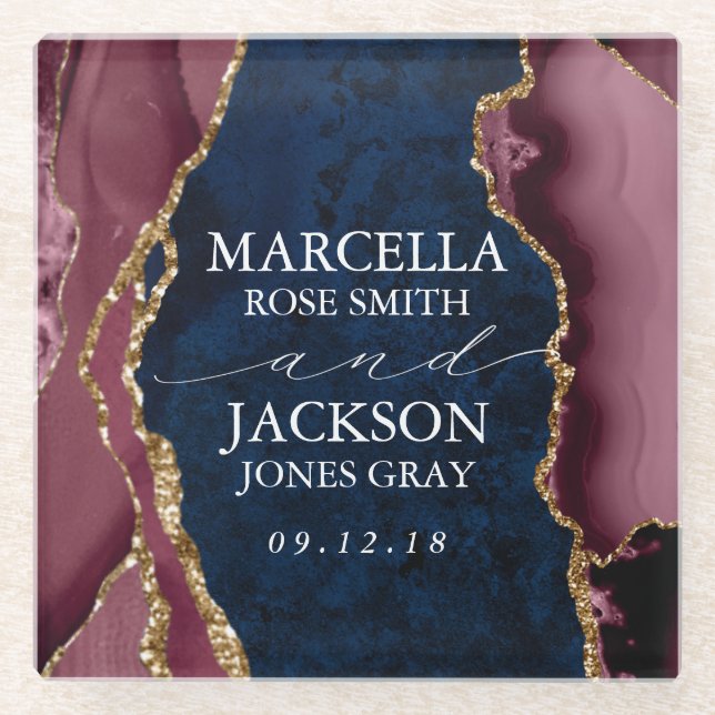 Navy, Burgundy & Gold Agate Wedding Glass Coaster (Front)