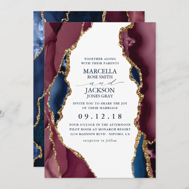 Navy, Burgundy & Gold Agate Wedding Invitation (Front/Back)