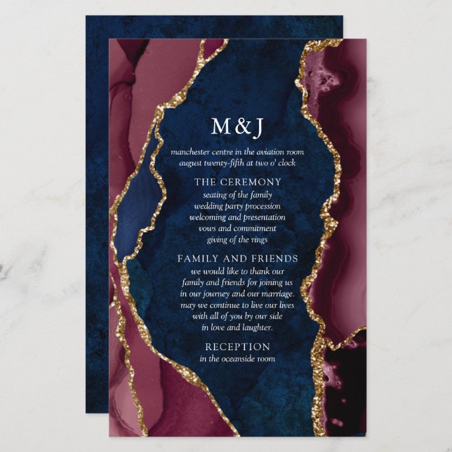 Navy, Burgundy & Gold Agate Wedding Program (Front/Back)