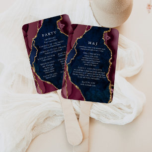 Navy, Burgundy & Gold Agate Wedding Program Hand Fan