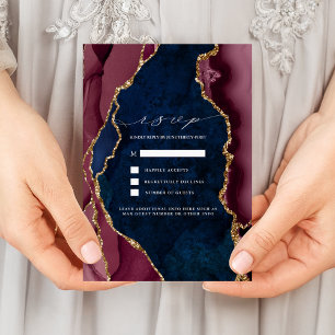 Navy, Burgundy & Gold Agate Wedding RSVP Invitatio Invitation